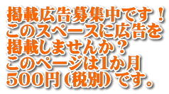 掲載広告募集中です！ このスペースに広告を 掲載しませんか？ このページは１か月 ５００円（税別）です。