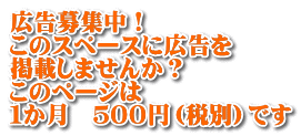 広告募集中！ このスペースに広告を 掲載しませんか？ このページは １か月　５００円（税別）です