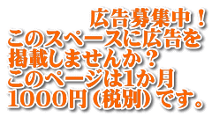　　　　広告募集中！ このスペースに広告を 掲載しませんか？ このページは１か月 １０００円（税別）です。