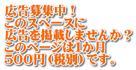 広告募集中！ このスペースに 広告を掲載しませんか？ このページは１か月 ５００円（税別）です。