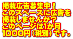 掲載広告募集中！ このスペースに広告を 掲載しませんか？ このページは１か月 １０００円（税別）です。