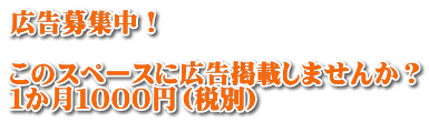 広告募集中！  このスペースに広告掲載しませんか？ １か月１０００円（税別）