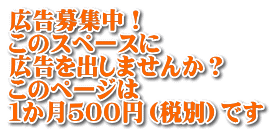 広告募集中！ このスペースに 広告を出しませんか？ このページは １か月５００円（税別）です